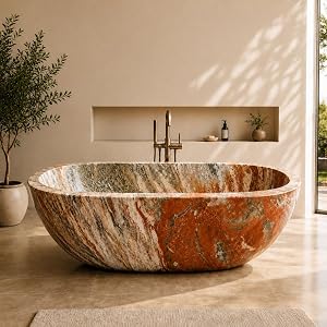 CHETTO C 66" Natural Marble Freestanding Bathtub, Oval Soaking Tub with with Large Ca