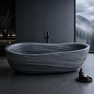 Chetto C Natural Marble Freestanding Bathtub, Sculptural Stone Deep Soaking Tub with Linea